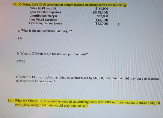 10. O'Brien, Inc's 2018 contribution margin income statement shows the following: