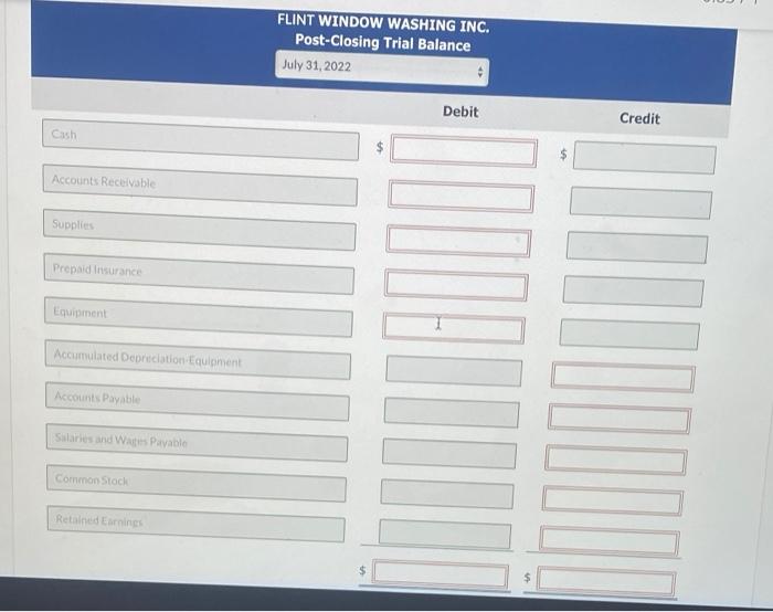 prepare a post closing trial balance at july 31 FLINT WINDOW WASHING