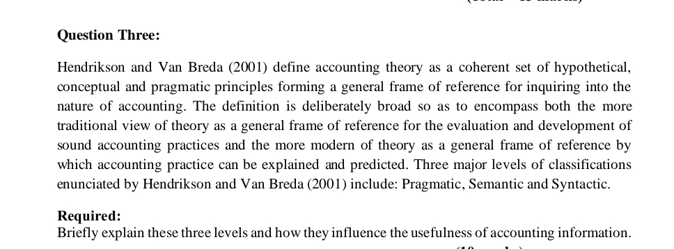  Question Three: Hendrikson and Van Breda (2001) define accounting theory as