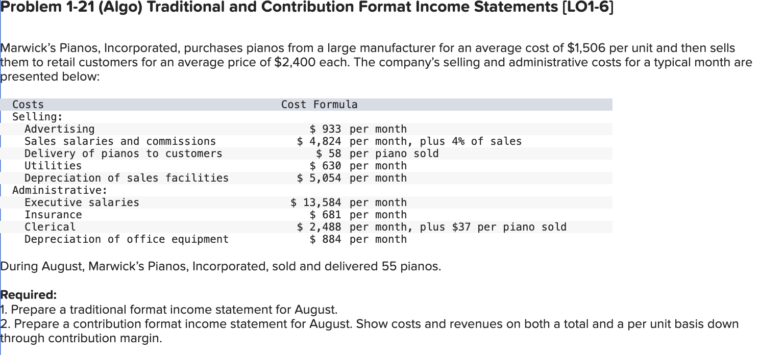  Problem 1-18(Algo) Direct and Indirect Costs; Variable Costs [L01-1, LO1-4] The