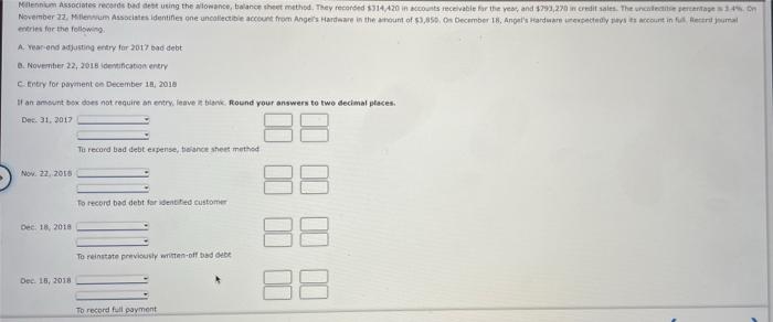  Millennium Associates records tad etting the allowance, balance sheet method. They