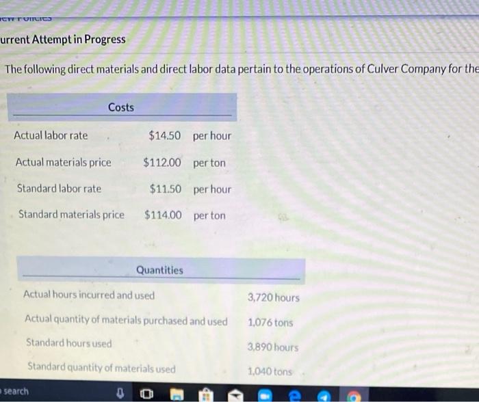  CV TUMLIC urrent Attempt in Progress The following direct materials and