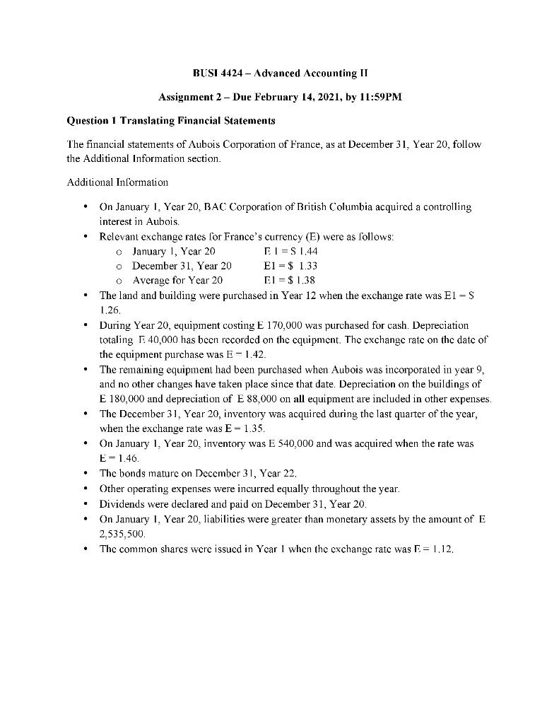 BUSI 4424 - Advanced Accounting II Assignment 2 - Due February