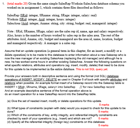  1. (total marks 20) Given the same simple SalesRep-Worksin-SalesArea database schema