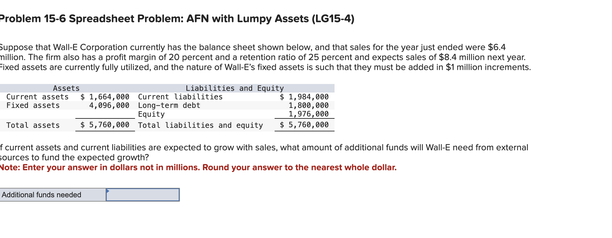  Problem 15-6 Spreadsheet Problem: AFN with Lumpy Assets (LG15-4) Suppose that