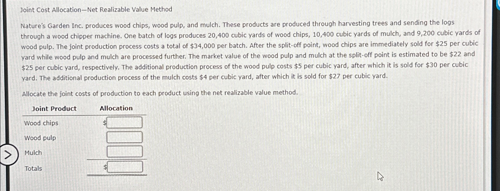  Joint Cost Allocation-Net Realizable Value Method Nature's Garden Inc. produces wood