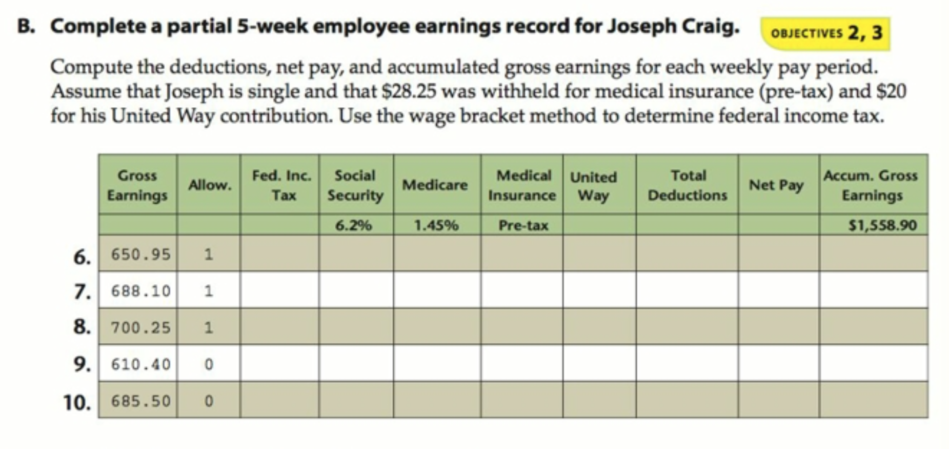  B. Complete a partial 5-week employee earnings record for Joseph Craig.