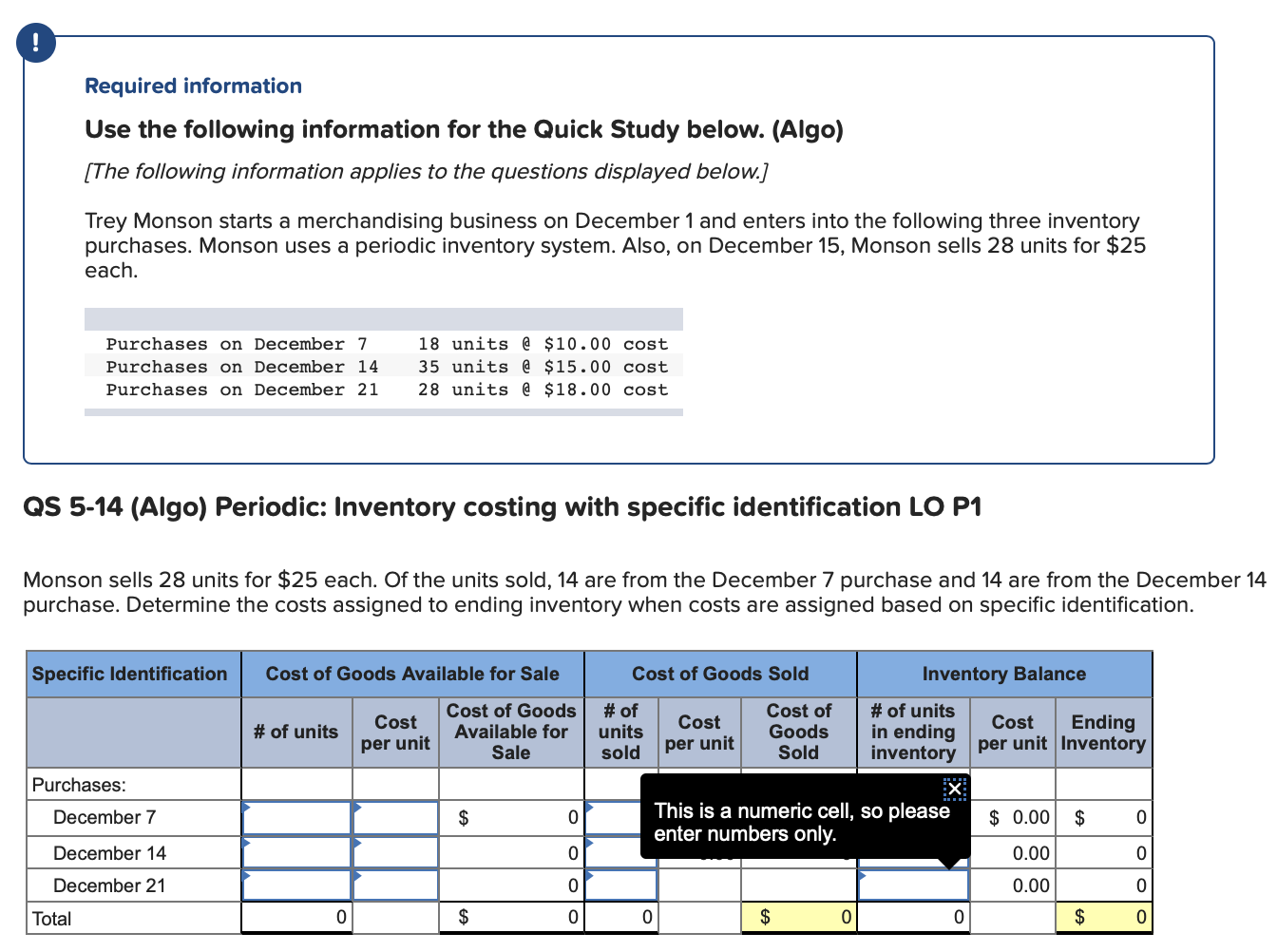 ! Required information Use the following information for the Quick Study