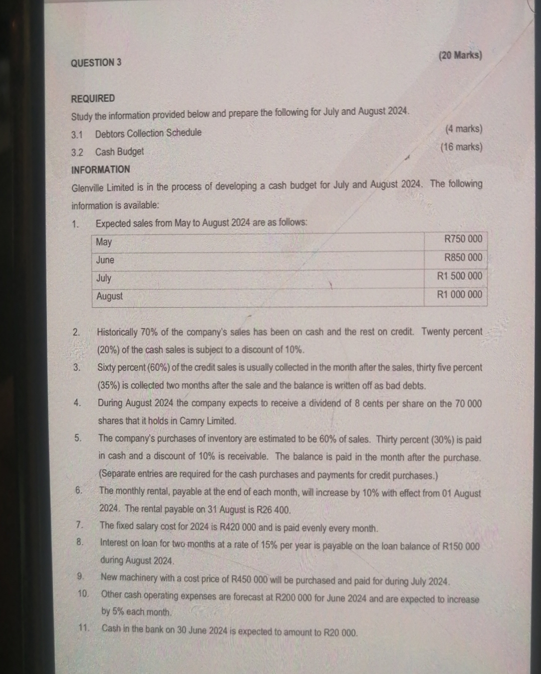  QUESTION 3 (20 Marks) REQUIRED Study the information provided below and