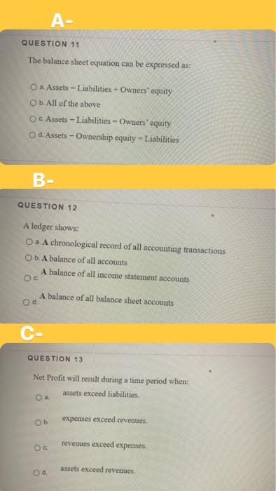  A- QUESTION 11 The balance sheet equation can be expressed as: