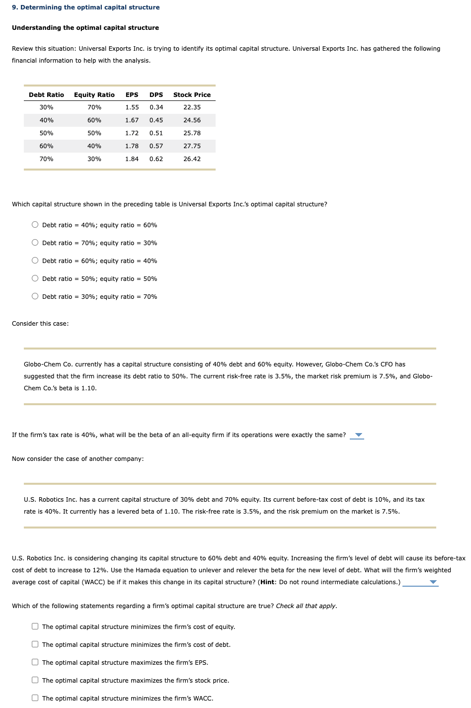  Determining the optimal capital structure Understanding the optimal capital structure Review
