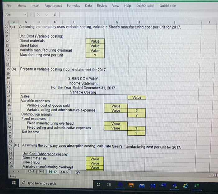 Excel Formulas Data Review View Help Search DYMO Label QuickBooks A26 4ABCD.