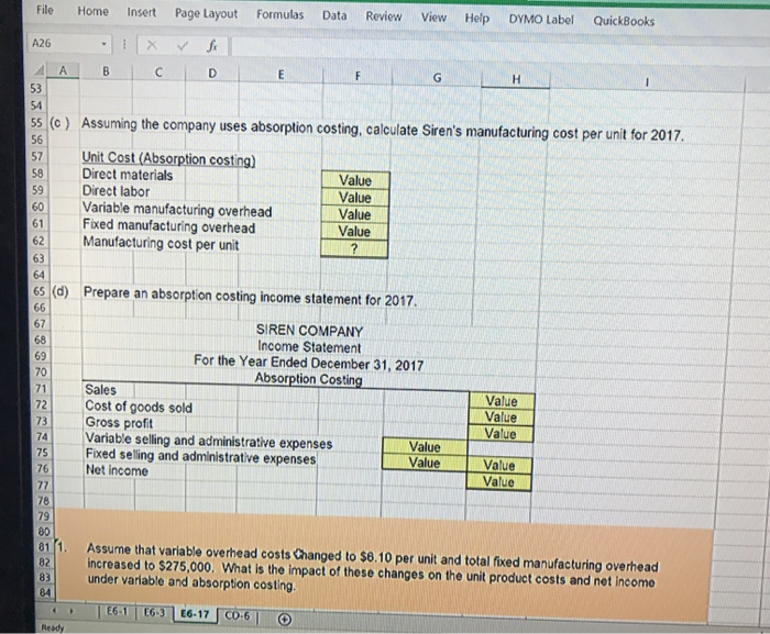 1 E6-17 Compute product cost and prepare an income statement under variable