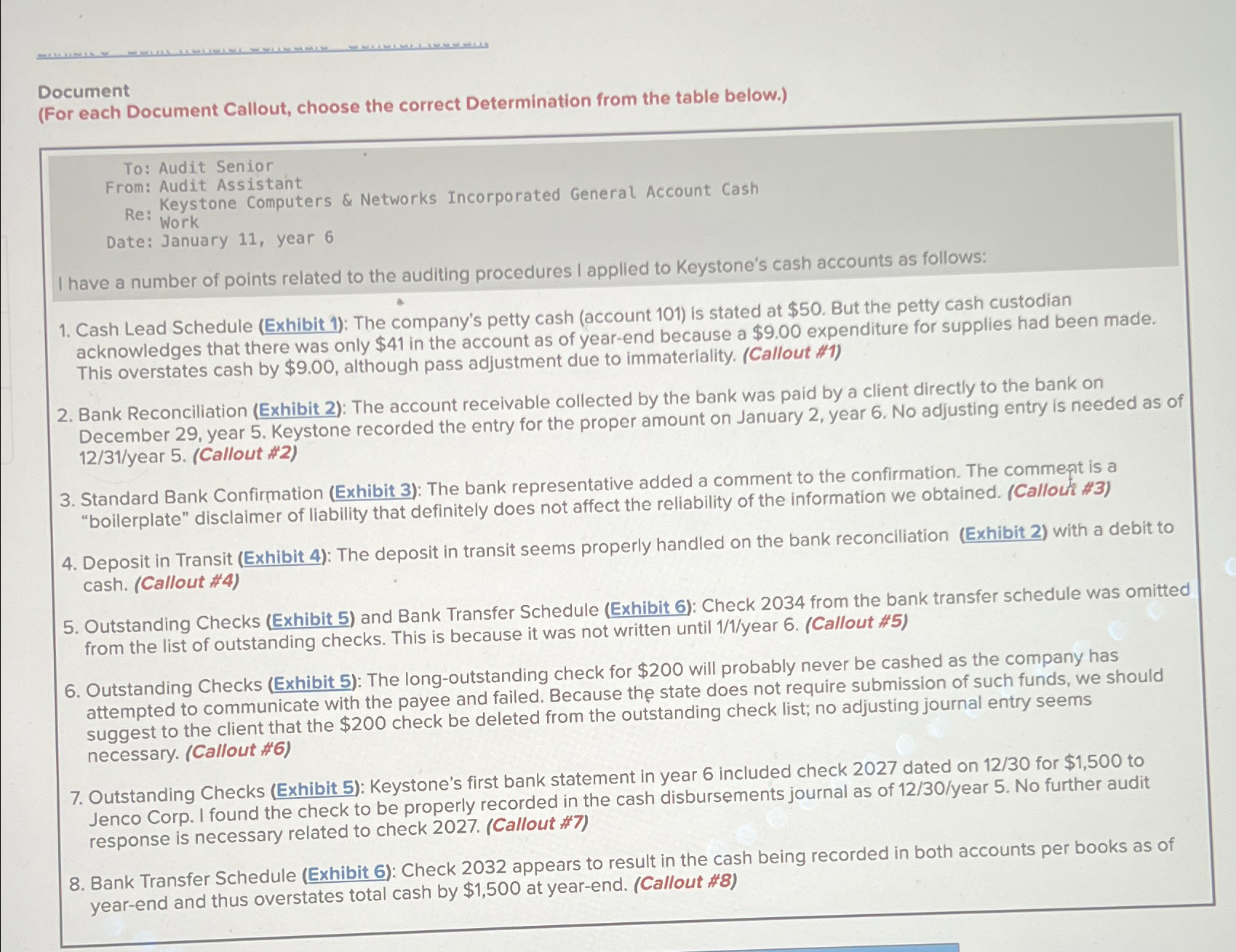  Document (For each Document Callout, choose the correct Determination from the
