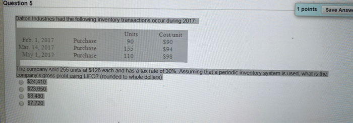  Question 5 1 points Save Answ Dalton Industries had the following