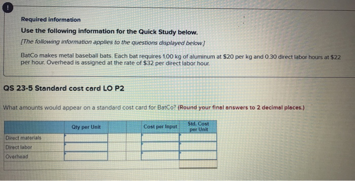  Required information Use the following information for the Quick Study below.
