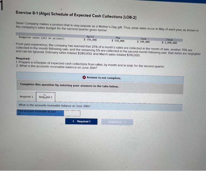 Expected Cash Collections [LO8-2] Silver Company makes a product that is very