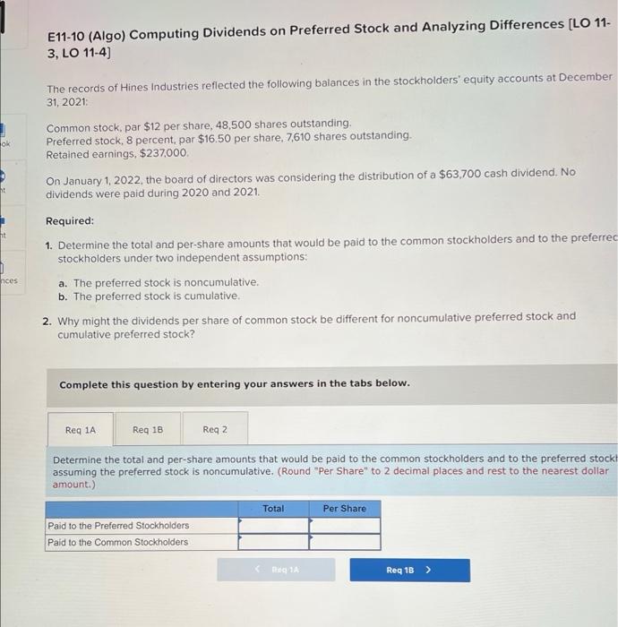  E11-10 (Algo) Computing Dividends on Preferred Stock and Analyzing Differences [LO