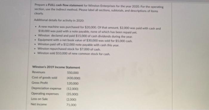 the indirect method. Please label all sections, subtotals, and descriptions of items