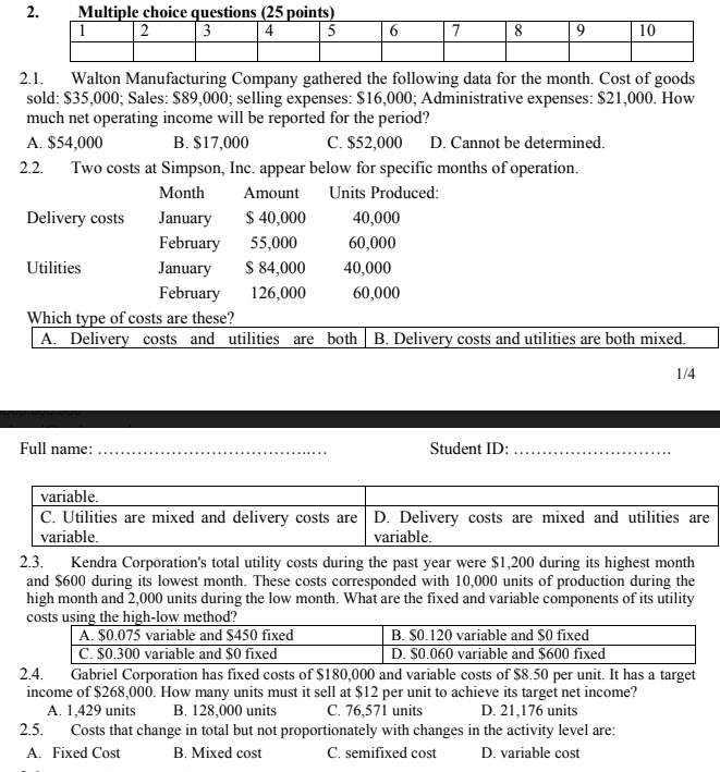  2. Multiple choice questions (25 points) 1 | 2 3 4