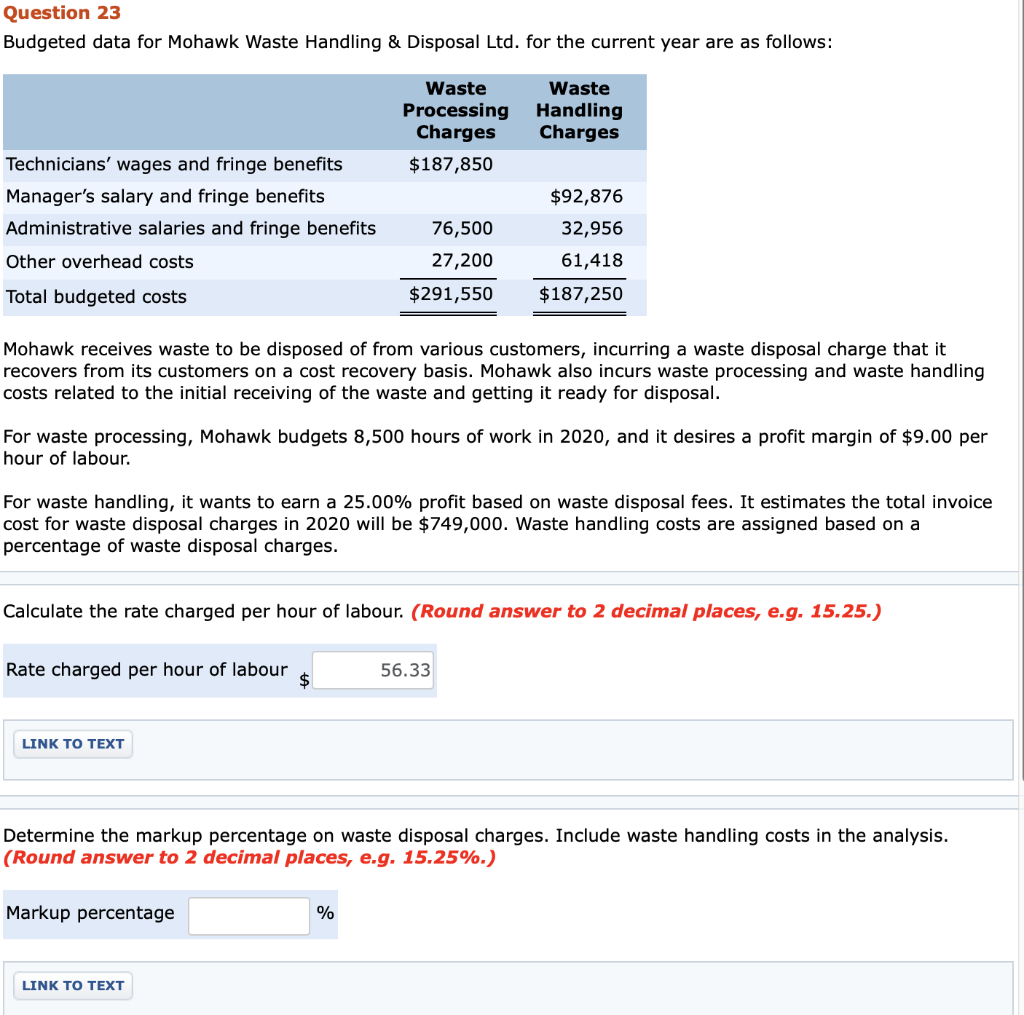  Question 23 Budgeted data for Mohawk Waste Handling & Disposal Ltd.