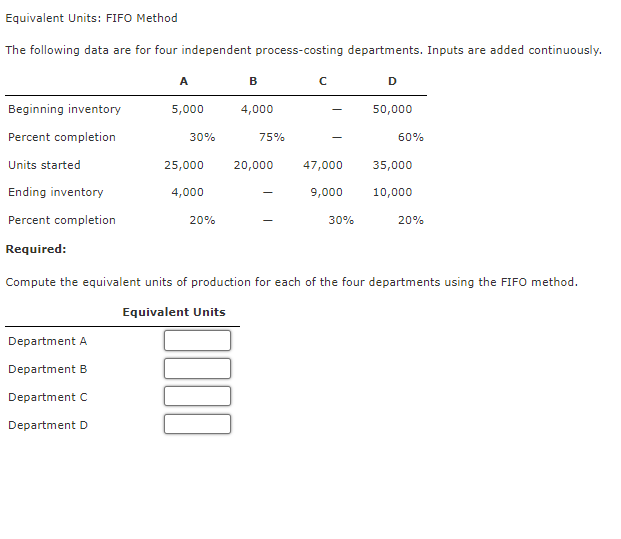  Equivalent Units: FIFO Method The following data are for four independent