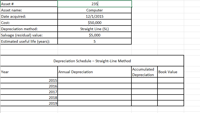Asset # Asset name: Date acquired: Cost: Depreciation method: Salvage (residual) value: