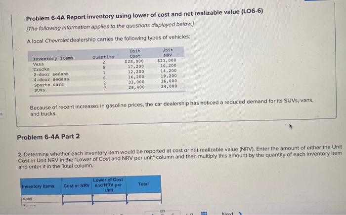  Problem 6-4A Report inventory using lower of cost and net realizable