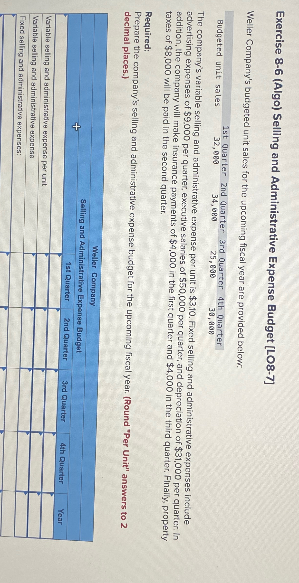  Exercise 8-6(Algo) Selling and Administrative Expense Budget [LO8-7] Weller Company's budgeted