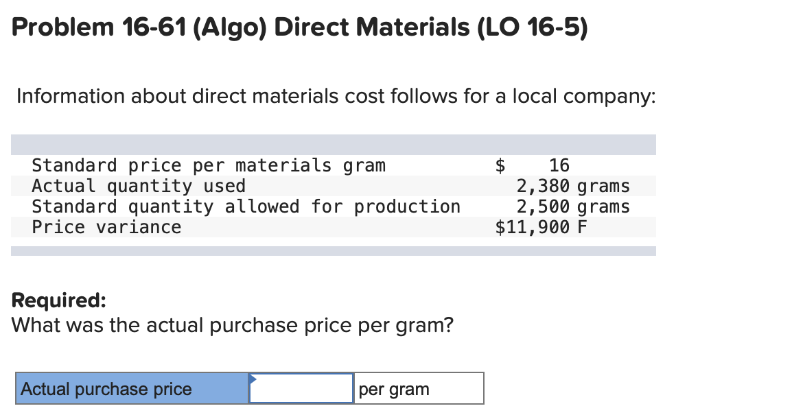  Problem 16-61 (Algo) Direct Materials (LO 16-5) Information about direct materials
