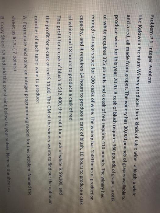  Problem #1_Integer Problem The Kelowna Premium Winery produces three kinds of