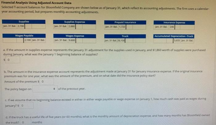  Financial Analysis Using Adjusted Account Data Selected T-account balances for Bloomfield