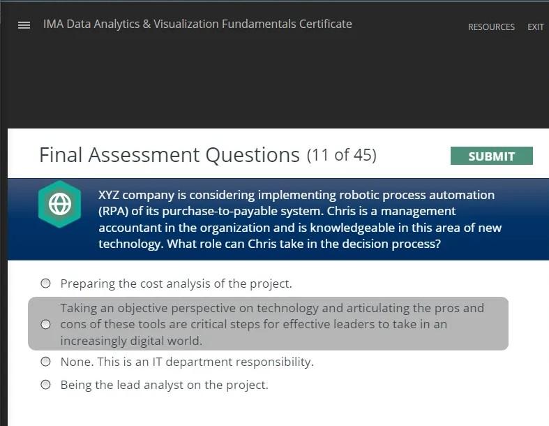  IMA Data Analytics & Visualization Fundamentals Certificate RESOURCES EXIT Final Assessment