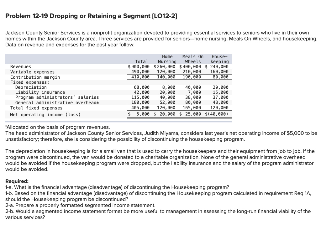 Problem 12-19 Dropping or Retaining a Segment [LO12-2] Jackson County Senior Services