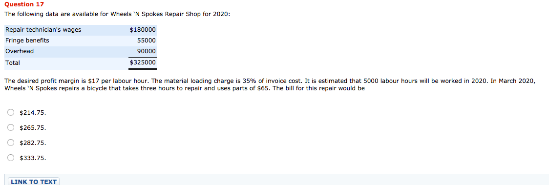  Question 17 The following data are available for Wheels 'N Spokes