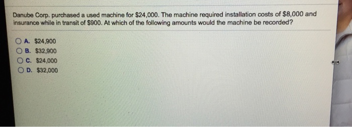  Danube Corp. purchased a used machine for $24,000. The machine required