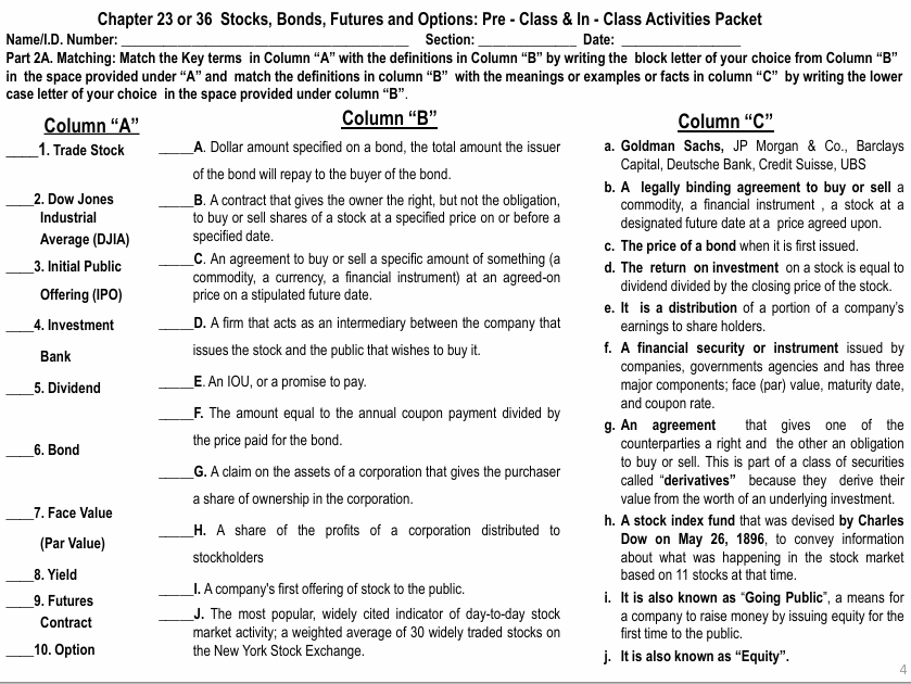  Name/I.D. Number: Section: Date: Part 2A. Matching: Match the Key terms