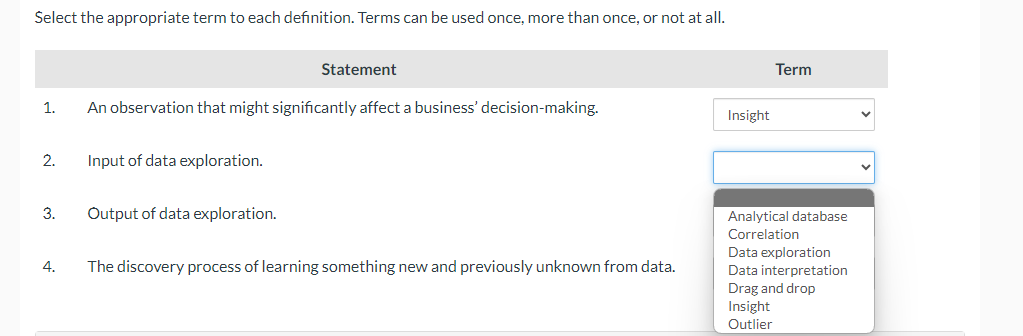 Select the appropriate term to each definition. Terms can be used once,