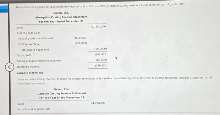 Absorption costing does not distinguish between variable and fixed costs. All