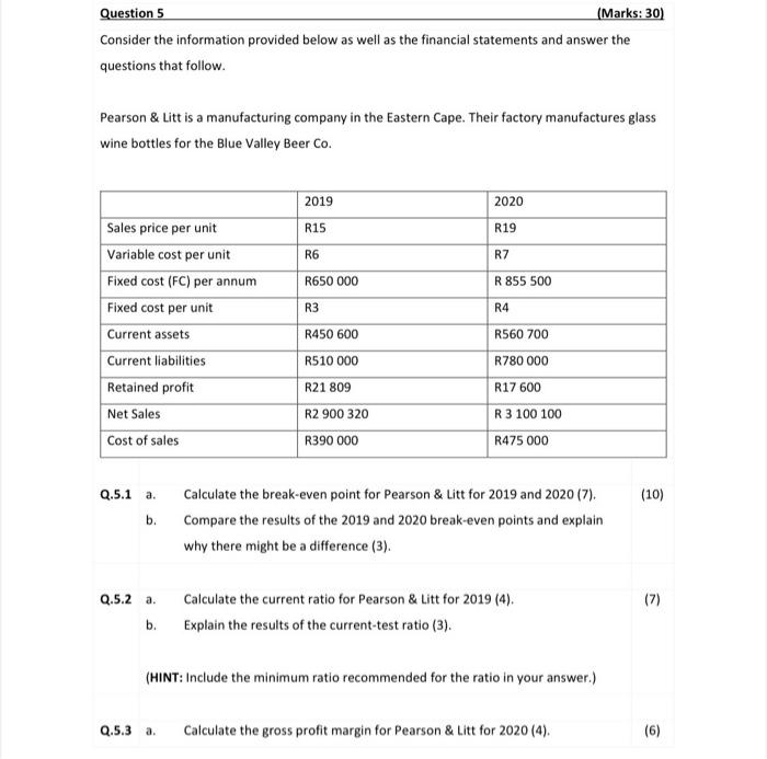  Question 5 (Marks: 30) Consider the information provided below as well