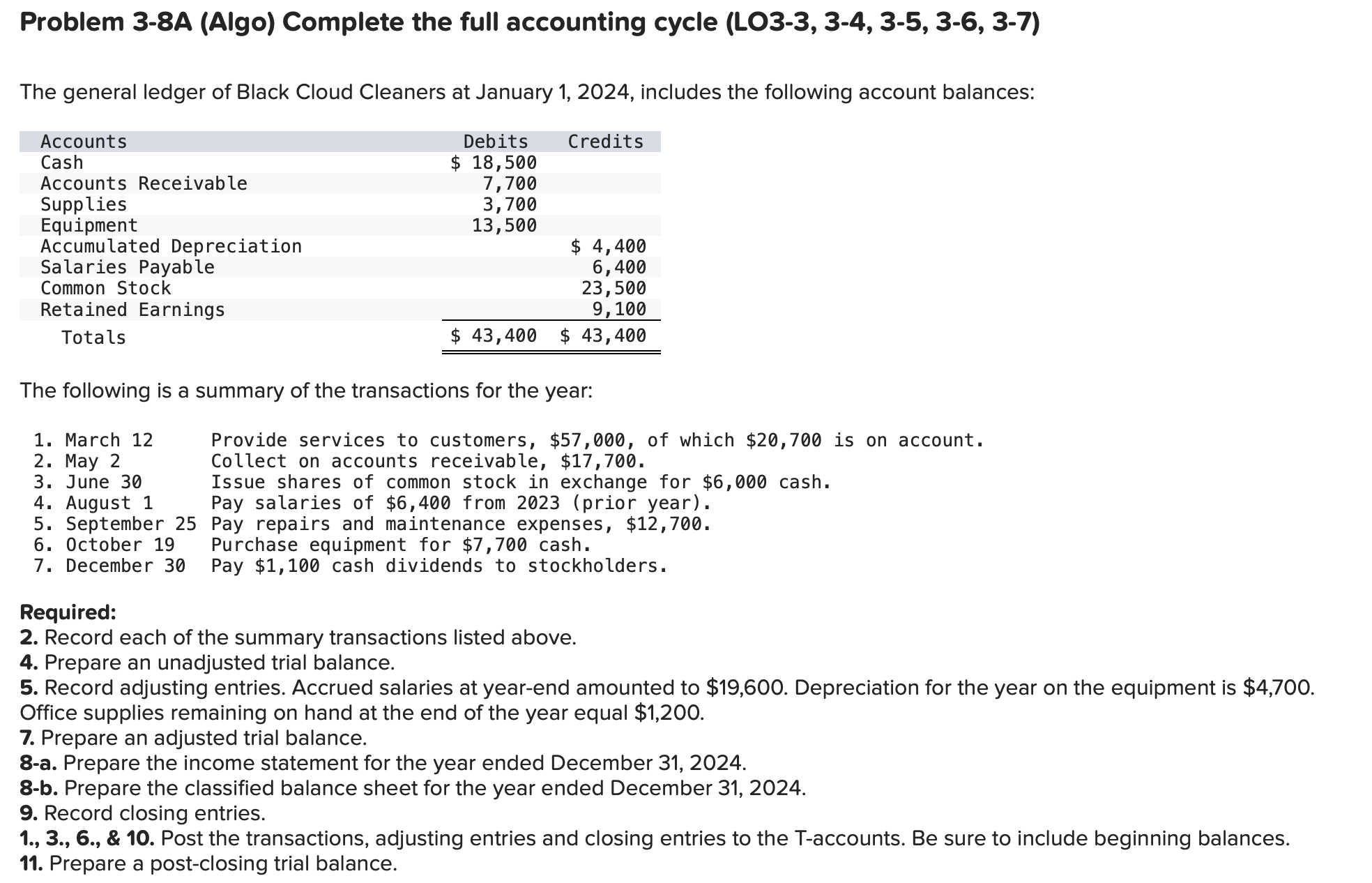 Please help Problem 3-8A (Algo) Complete the full accounting cycle (LO3-3, 3-4,