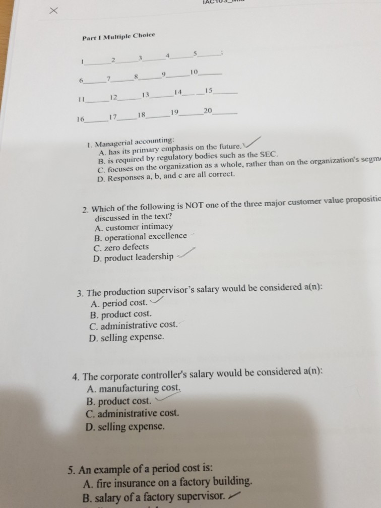 Part I Multiple Choice 4 5 3 1 2 9 10