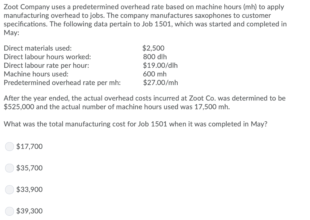  Zoot Company uses a predetermined overhead rate based on machine hours