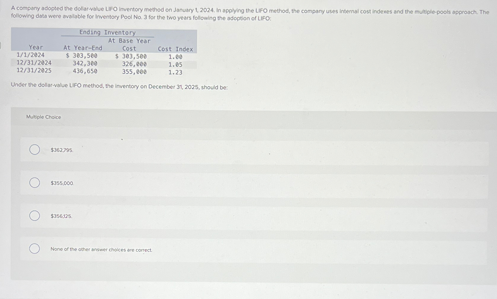  A company adopted the dollar-value LIFO inventory method on January 1,2024.