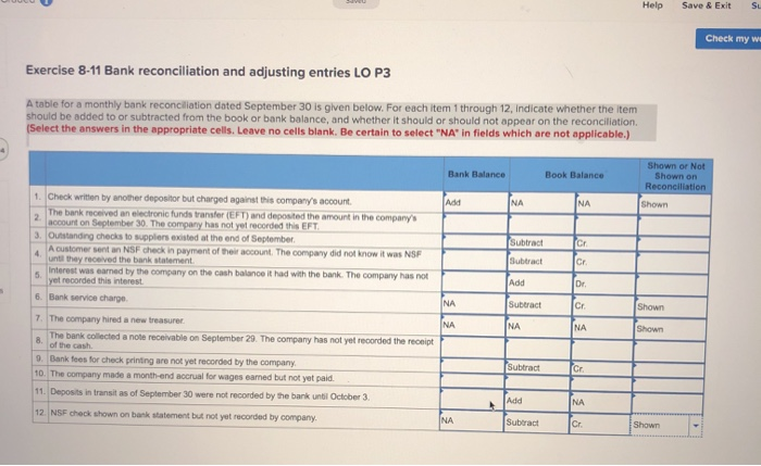  Help Save & Exit SL Check my w Exercise 8-11 Bank