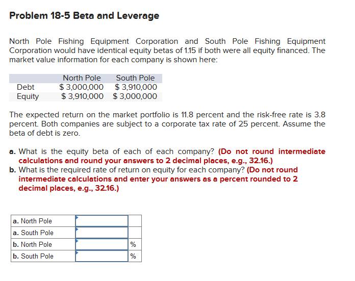  Problem 18-5 Beta and Leverage North Pole Fishing Equipment Corporation and