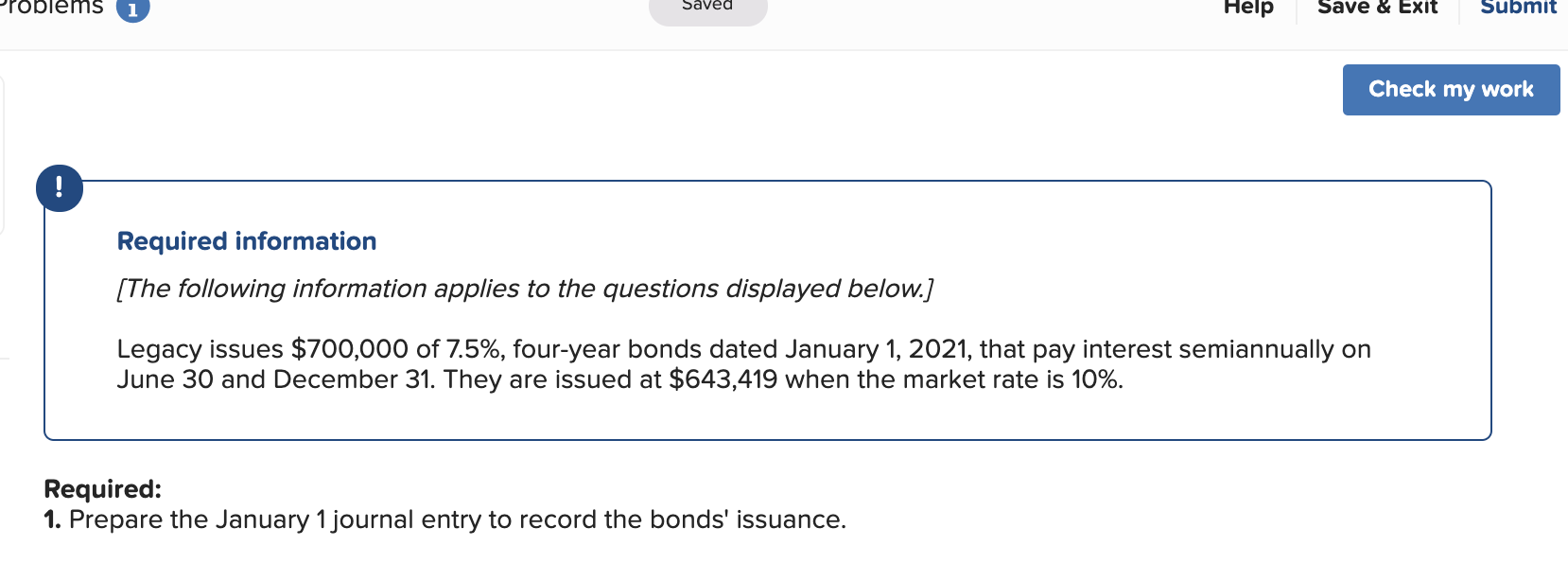  Problems 1 Saved Help Save & Exit Submit Check my work