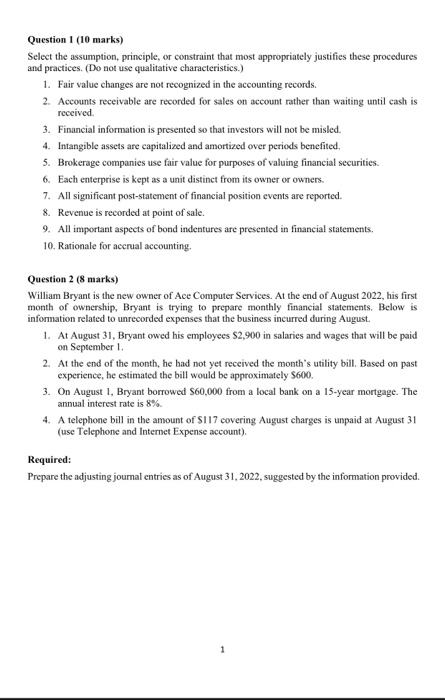  Corporate Accounting 1 Assignment Question 1 (10 marks) Select the assumption,