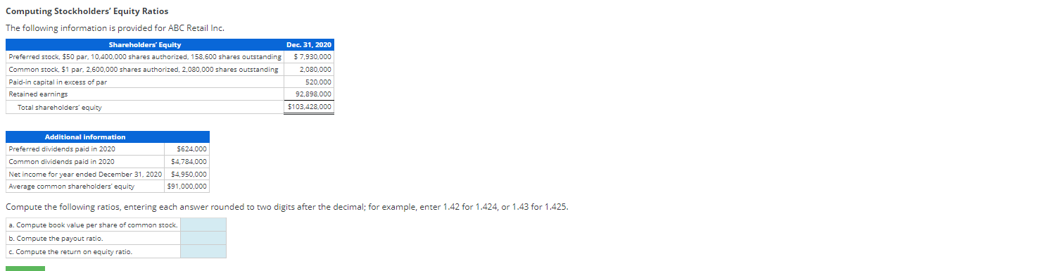 Computing Stockholders' Equity Ratios The following information is provided for ABC