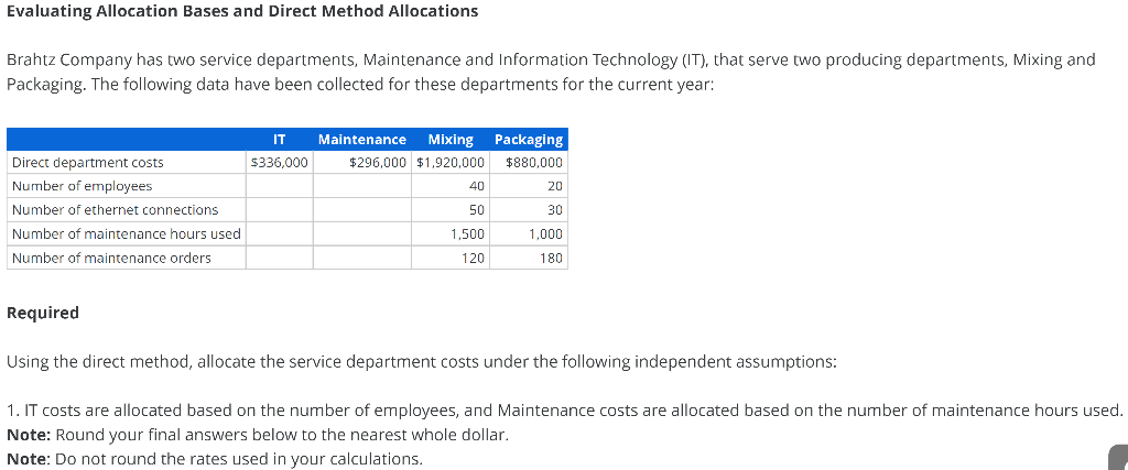 Evaluating Allocation Bases and Direct Method Allocations Brahtz Company has two